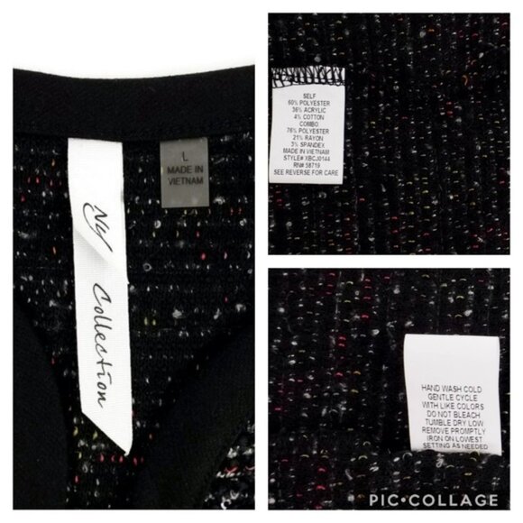 NY Collection Black Collarless Open Front Sequined Boucle Blazer Women Large NWT - Picture 8 of 9